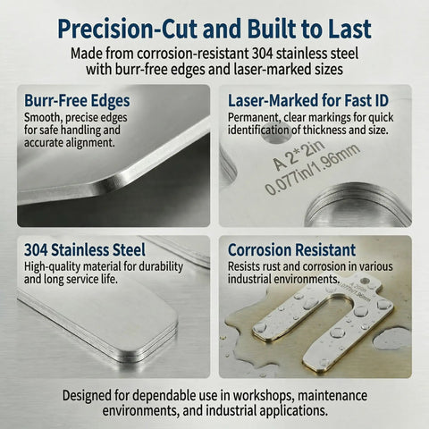 Stainless Steel Shim Kit Set For DIY Pros, 60 Slotted 2x2 Shims, 6 Thicknesses For Machine Leveling, Motor Alignment, And Equipment Adjustment