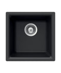 Top view of E-100 Midnite Quartztone Bar Sink Dual Mount 13x13 Inch Single Bowl Black, featuring a granite-style kitchen prep surface.