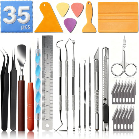Set of 35-piece all-in-one weeding tools kit for vinyl and scrapbooking with tweezers, hook weeders, utility knife, scissors, ruler