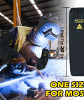 Flame Resistant Welding Sleeves For Men And Women One Size Arm Protection and welder using torch with black FR sleeves.
