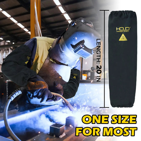 Flame Resistant Welding Sleeves For Men And Women One Size Arm Protection and welder using torch with black FR sleeves.