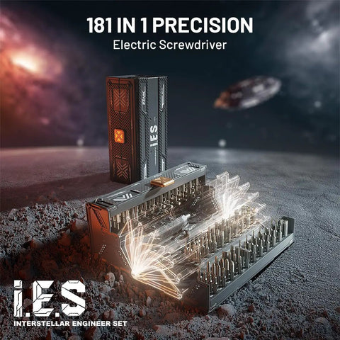 Electric Precision Screwdriver Set 181 In 1 Cordless Tool Kit displayed on alien landscape with glowing tool and magnetic bits