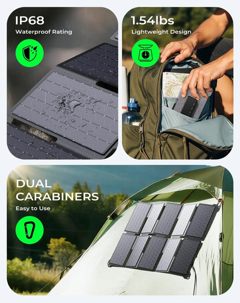 Portable 35W Solar Panel Charger With Fast USB C PD 25W And USB A, lightweight, waterproof, on a tent, camping gear.