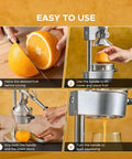 Manual Citrus Juicer Heavy Duty Cast Iron Press With Removable Strainer in use demonstrating juicing process with orange