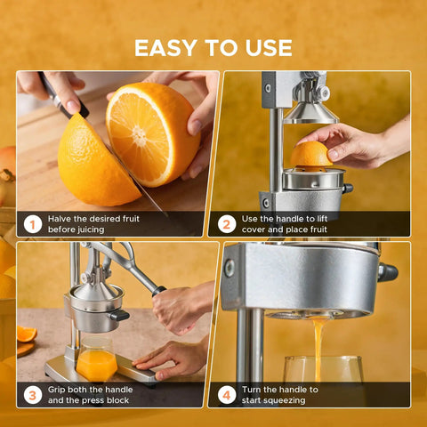 Manual Citrus Juicer Heavy Duty Cast Iron Press With Removable Strainer in use demonstrating juicing process with orange