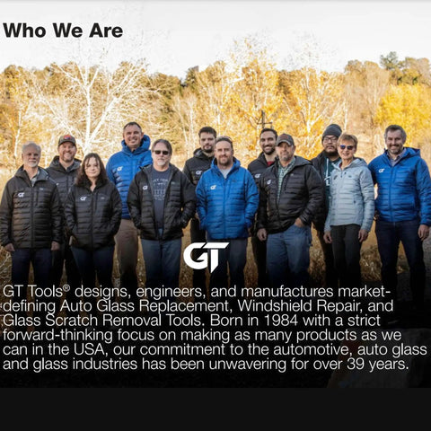 Group photo of GT Tools team outdoors, text overlay describing company focus on auto glass solutions since 1984.