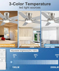 42 Inch Ceiling Fan With Lights And Remote Brushed Nickel Flush Mount Low Profile Ceiling Fan For Bedroom Living Room Patio