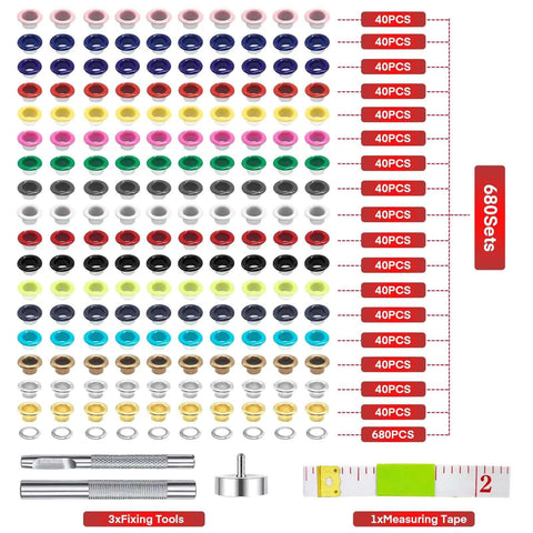 Colorful Grommet And Eyelet Kit With 680 Pieces In 17 Colors Includes Three Sixteenths Inch Metal Eyelets For Shoes Belts