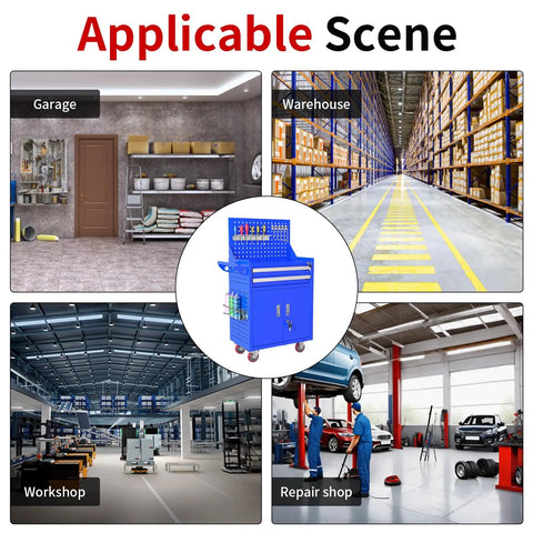 2-Drawer Rolling Tool Chest With Locking Cabinet On Wheels Built Tough For Garage, Workshop, And Warehouse, Big Storage, Backboard For Hanging Tools, Durable Blue, shown in garage and repair shop