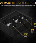 Beefy Impact Universal Joint Socket Set 3-Piece Swivel With Ball Spring Design 1/2 In Drive, 3/8 In Drive, 1/4 In Drive boxed display