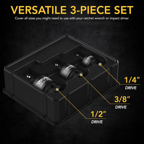 Beefy Impact Universal Joint Socket Set 3-Piece Swivel With Ball Spring Design 1/2 In Drive, 3/8 In Drive, 1/4 In Drive boxed display