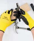 Person wearing Ultra Thin PU Safety Work Gloves 12 Pairs Black Large Model WG002 Lightweight Durable Hand Protection for carpentry.
