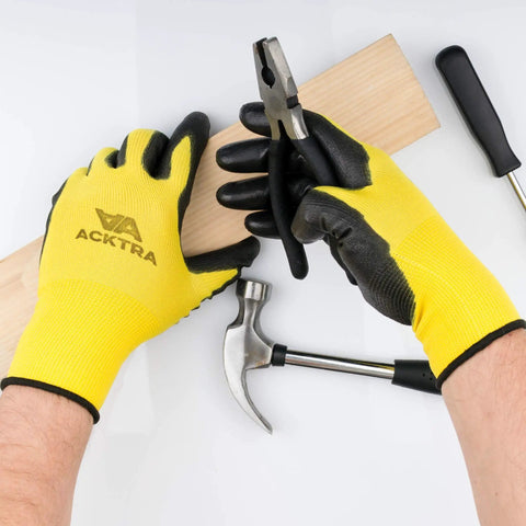 Person wearing Ultra Thin PU Safety Work Gloves 12 Pairs Black Large Model WG002 Lightweight Durable Hand Protection for carpentry.