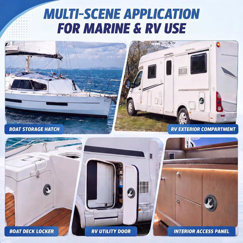 Four Pack Non-Locking Boat Hatch Latches Fits 2-3-8 To 2-1-2 Inch Cutouts Silver, Replacement Hatch Latch For Boat Lid, Hatch Handle, Storage Compartments, Easy Install, Durable Marine Hardware, shown on boat and RV panels