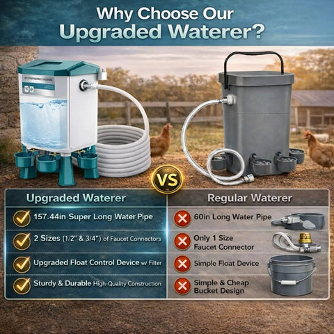 Comparison of 2 Gallon Automatic Chicken Waterer With Smart Float Control and regular waterer features and benefits.