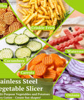 Front view of stainless steel vegetable slicer packaging with crinkle fries, cucumbers, carrots, onions, watermelon