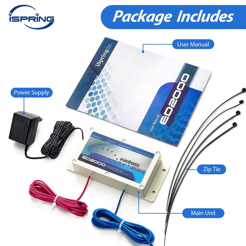 Whole House Salt Free Water Descaler Electronic Conditioner For Hard Water package contents with manual, power supply, zip ties, main unit.