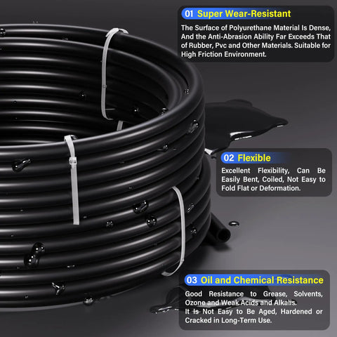 Black 1/2 Inch OD PU Air Tubing Kit With 10 Meter Length 32.8 Ft Polyurethane Air Line Tubing Set Includes 27-Piece Push To Connect Fittings For Pneumatic Systems And Air Tool Hoses DIY Friendly coiled on surface