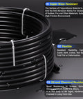 Black 6mm OD 4mm ID Polyurethane Air Hose Tube Kit coiled with labels showing durability, flexibility, and chemical resistance features.
