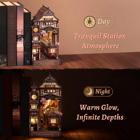 Cherry Blossom Sakura Train Book Nook Kit With LED 3D Wood Puzzle And Infinity Mirror for DIY bookshelf decor day and night view