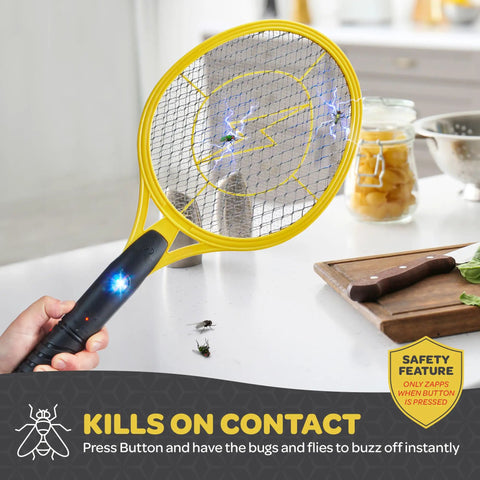 Portable 4000 Volt Electric Bug Zapper Racket Set Of 2 With USB Rechargeable Battery on countertop with LED light and insects