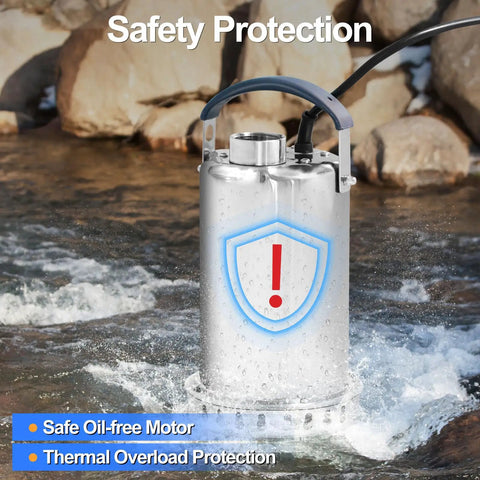 Tough As Nails Submersible Sump Pump Stainless Steel Body showing safety features in water, oil-free motor and thermal overload protection.