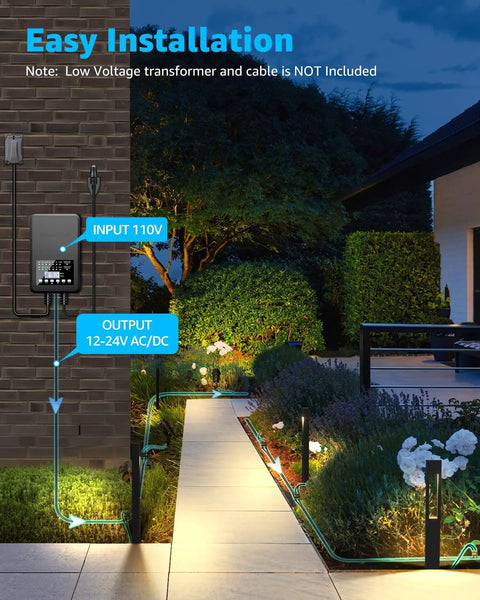 Low voltage pathway lights installed on garden path, showing 12-24V AC/DC input-output diagram, evening setting