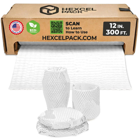 Eco Friendly Honeycomb Packing Paper Cushioned For Shipping And Moving Replaces Plastic Bubble Wrap Sustainable Paper With Self Dispenser Box White 12 Inch By 300 Feet, showing honeycomb structure and dispensed paper.