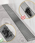 Hair Catcher for Shower-Self-Adhesive Drain Strainer Filter Roll shown in use with hair caught in strainer and clear drain.