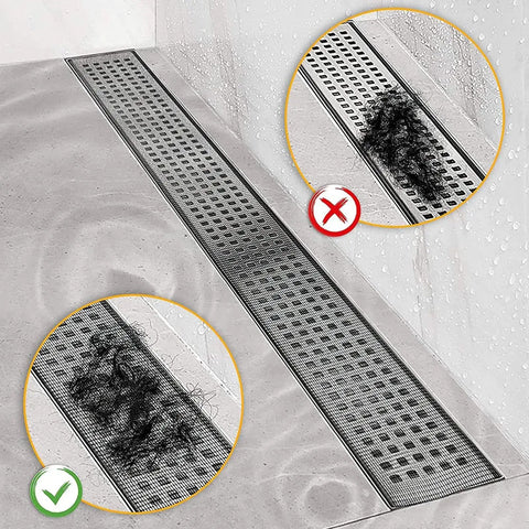 Hair Catcher for Shower-Self-Adhesive Drain Strainer Filter Roll shown in use with hair caught in strainer and clear drain.