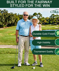 Elderly couple on golf course promoting durable gold finish, visible with text 'Gold Golf Balls Gift Set With Four Tees For Men' overlay.
