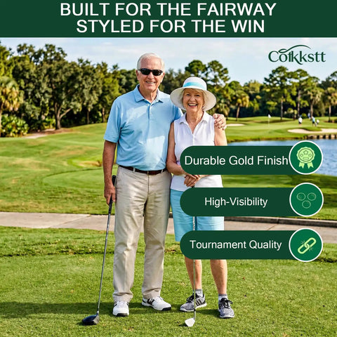 Elderly couple on golf course promoting durable gold finish, visible with text 'Gold Golf Balls Gift Set With Four Tees For Men' overlay.