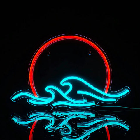 Sunrise And Waves Neon Light LED Sign For Bedroom Wall Decor Anime Inspired Ukiyo E Style Neon Sign with red and ice blue glow.