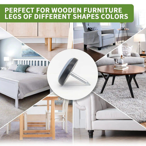 Three Quarters Inch Nail On Chair Leg Floor Protectors on different furniture, shown in living room and bedroom settings