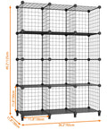 12 Inch Wire Storage Cubes Closet Organizer Set For Wardrobe And Garment Racks DIY Room Shelving System Holds Up To 22 Lbs Per Cube Beefy Iron Wire Construction With Removable PP Inserts, grid structure with dimensions