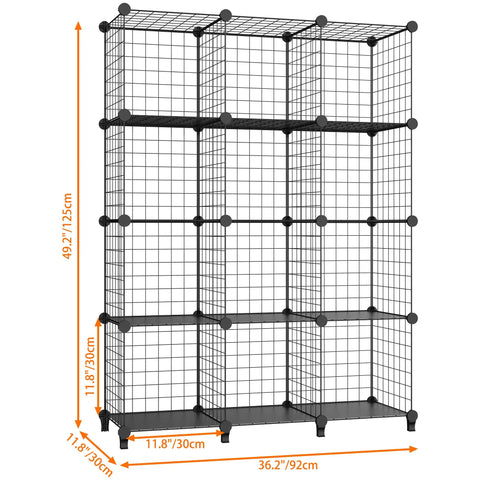 12 Inch Wire Storage Cubes Closet Organizer Set For Wardrobe And Garment Racks DIY Room Shelving System Holds Up To 22 Lbs Per Cube Beefy Iron Wire Construction With Removable PP Inserts, grid structure with dimensions