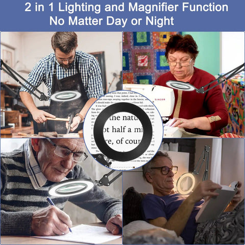 Four scenes using 2-In-1 Magnifying Lamp With Light And Clamp Stand, 5X Magnifier, 72 LED Desk Light and adjustable arm