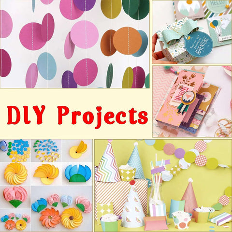 Colorful DIY projects using 1 Inch Circle Hole Punch Lever Tool For Crafting And Scrapbooking with various festival decorations.
