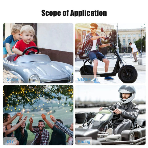 Scope of application for 18V Battery Adapter Kit For DIY Ride On Cars And RC Toys, showing stroller, battery car, DIY, racing.