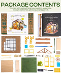 DIY Miniature Greenhouse Kit With Dope LED Lights 1 To 24 Scale Wooden Dollhouse package contents displayed