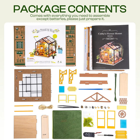DIY Miniature Greenhouse Kit With Dope LED Lights 1 To 24 Scale Wooden Dollhouse package contents displayed