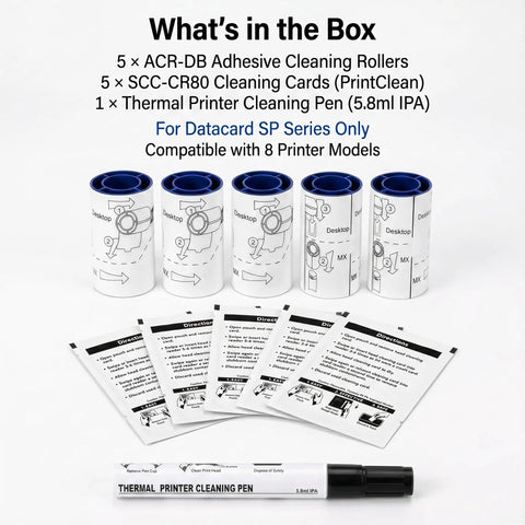 Keep Your Card Printer Slick And Fresh With This Top Shelf Maintenance Rig Packing Five ACR-DB Adhesive Rollers, Five No Fuss Cleaning Cards, And One Precision Wiper Tool For Flawless Sp35 55 75 Series Runs.