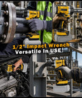 Heavy Hitter Cordless Impact Wrench Driven By A Rugged Brushless Motor Operating As A Versatile Drill Plus Screwdriver Combining To Deliver 516 Ft Lbs Of Serious Torque For Daily Grinds in various work scenarios.