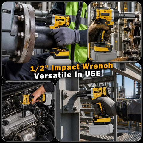 Heavy Hitter Cordless Impact Wrench Driven By A Rugged Brushless Motor Operating As A Versatile Drill Plus Screwdriver Combining To Deliver 516 Ft Lbs Of Serious Torque For Daily Grinds in various work scenarios.