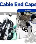 103 Piece Universal Bike Brake And Shift Cable Kit with before and after installation of end caps on bike cables.