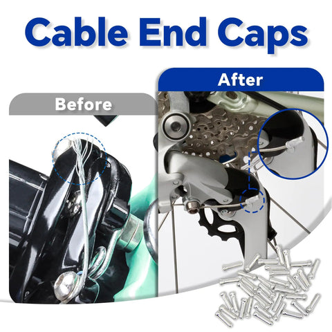 103 Piece Universal Bike Brake And Shift Cable Kit with before and after installation of end caps on bike cables.
