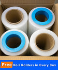 Heavy Duty 80 Gauge Clear Stretch Film Rolls, 4 Rolls, 18 Inch By 1500 Feet Each, in a box with blue roll holders