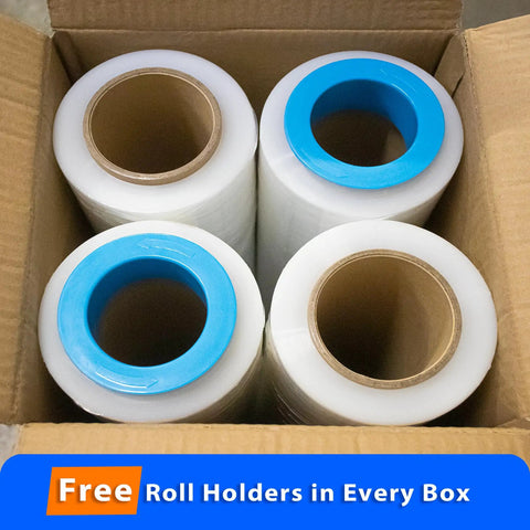 Heavy Duty 80 Gauge Clear Stretch Film Rolls, 4 Rolls, 18 Inch By 1500 Feet Each, in a box with blue roll holders