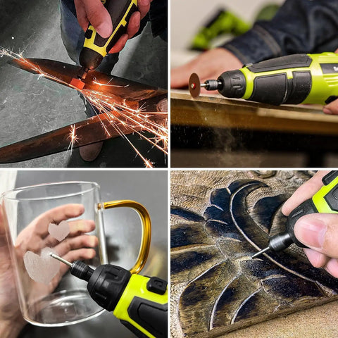 12V Cordless Rotary Tool Kit with Flex Shaft and 7 Variable Speeds used for cutting metal, polishing wood, engraving glass, and carving details