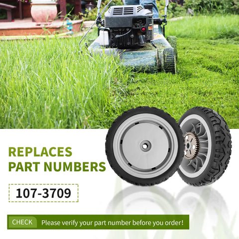 107 3709 Lawn Mower Rear Wheel Gear Assembly For 8x2 Inch Wheel Two Pack Compatible With Toro displayed with lawn mower